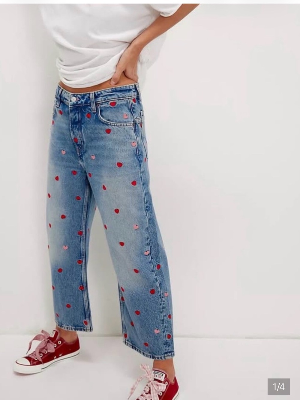 Free People Light Blue Denim Straight Leg Jeans with Red Heart Print